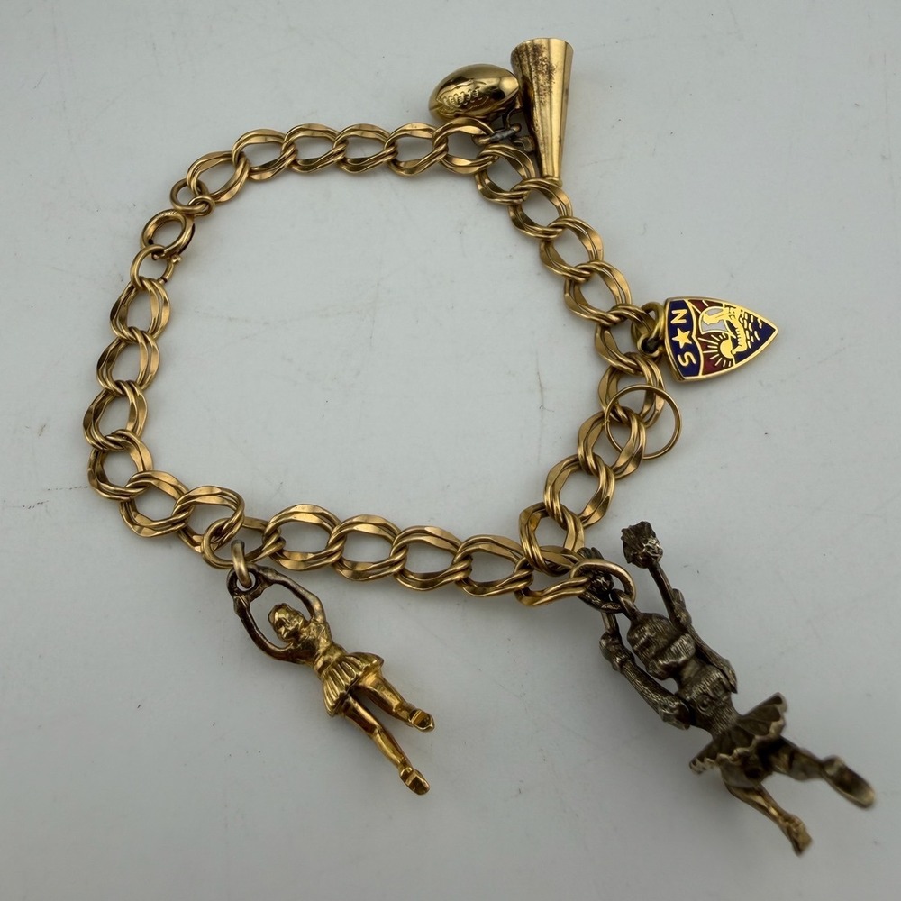 Gold Tone 12K Gold Filled Vintage Sports Cheerleader Charm Bracelet